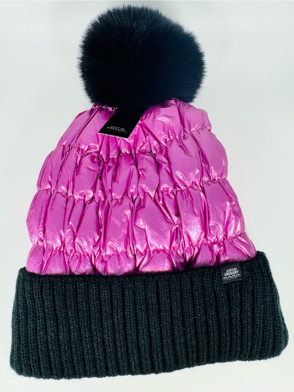 Justin Gregory Pom Pom Beanie Puffer Hat Black Pink Metallic Winter NEW